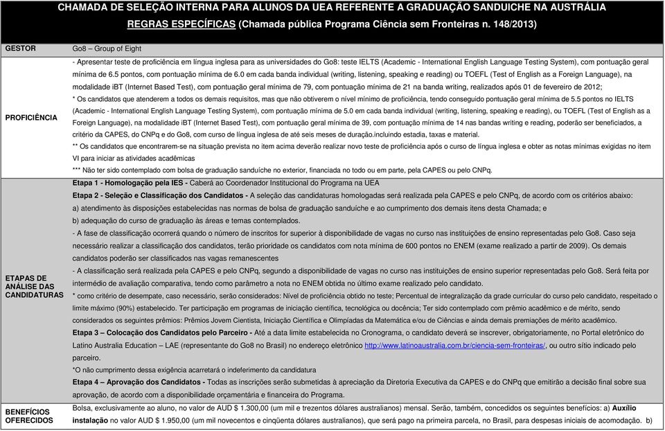 IELTS (Academic - International English Language Testing System), com pontuação geral mínima de 6.5 pontos, com pontuação mínima de 6.