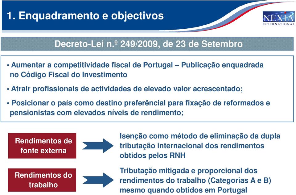 actividades de elevado valor acrescentado; Posicionar o país como destino preferêncial para fixação de reformados e pensionistas com elevados níveis de