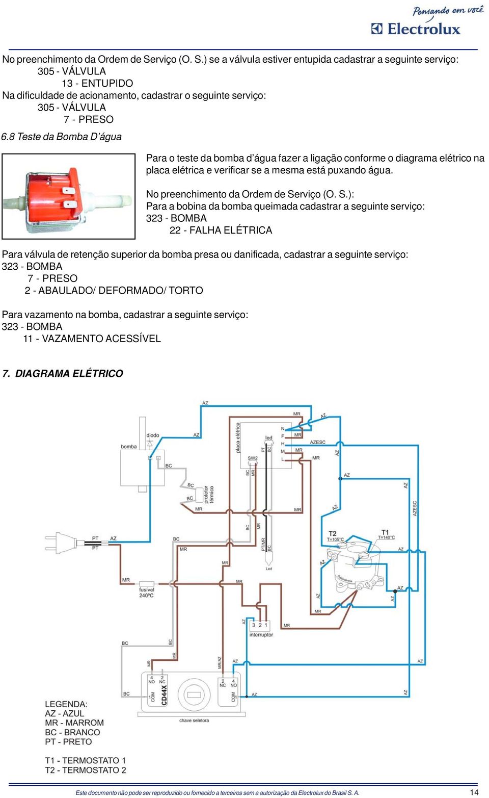 8 Teste da Bomba D água Para o teste da bomba d água fazer a ligação conforme o diagrama elétrico na placa elétrica e verificar se a mesma está puxando água. rviço (O. S.