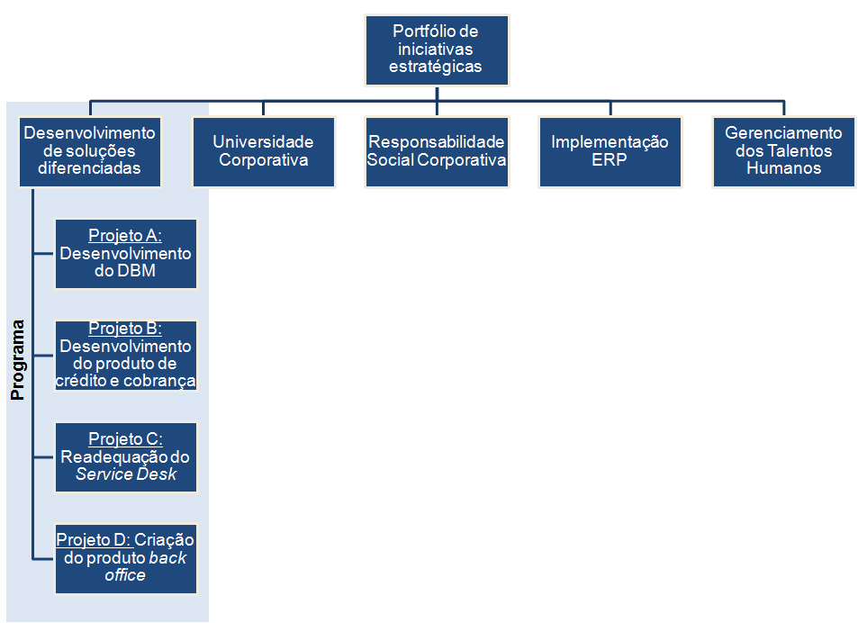 Figura 4: Portfólio X Programa Algumas organizações, dependendo do seu porte e da magnitude dos projetos em desenvolvimento, conta com um escritório de gerenciamento de projetos para apoio do