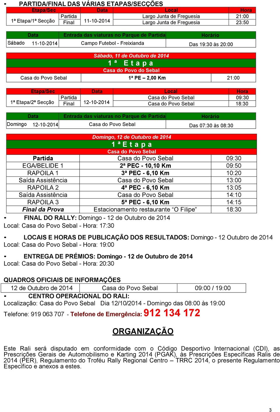 Etapa/Sec Data Local Hora Partida Casa do Povo Sebal 09:30 1ª Etapa/2ª Secção Final 12-10-2014 Casa do Povo Sebal 18:30 Data Entrada das viaturas no Parque de Partida Horário Domingo 12-10-2014 Casa