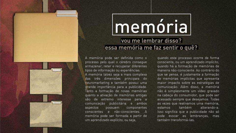 A memória talvez seja a mais complexa das três dimensões principais do neuromarketing e também possui uma grande importância para a publicidade.