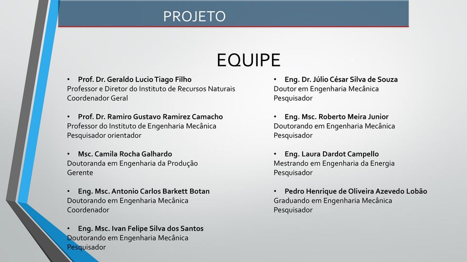 Msc. Roberto Meira Junior Doutorando em Engenharia Mecânica Pesquisador Eng.
