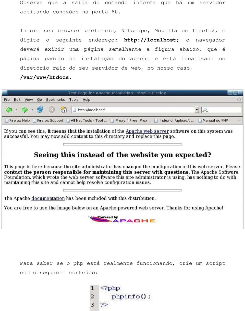 deverá exibir uma página semelhante a figura abaixo, que é página padrão da instalação do apache e está localizada no