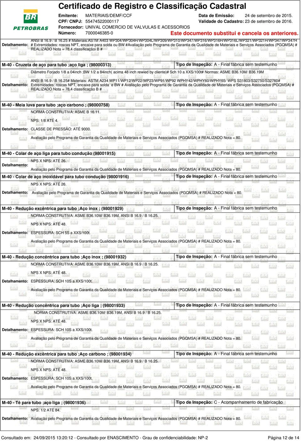 da Qualidade de Materiais e Serviços Associados (PGQMSA) # REALIZADO Nota = 78,4 classificaçãoi B # M-40 - Cruzeta de aço para tubo ;aço liga ; (98000313) Tipo de Inspeção: A - Final fábrica sem