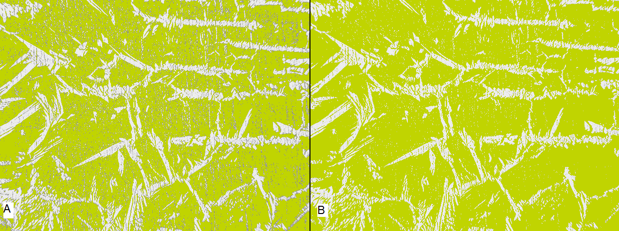 89 Figura 52- Imagem de uma amostra soldada com 0,5 kj/mm (A) antes do ajuste da leitura das fases e (B) após o ajuste. Fonte: Autor.