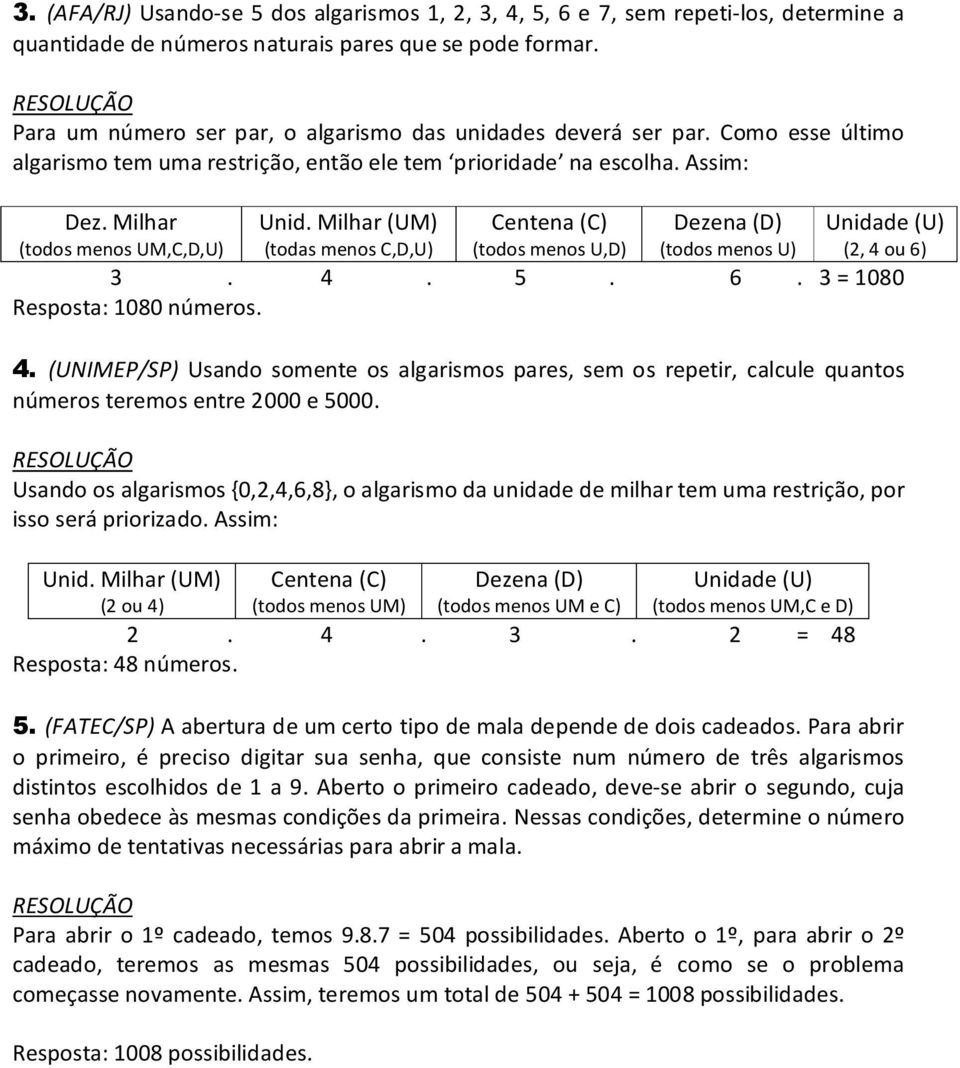 Milhar (UM) (todas menos C,D,U) Centena (C) (todos menos U,D) Dezena (D) (todos menos U) Unidade (U) (2, 4 