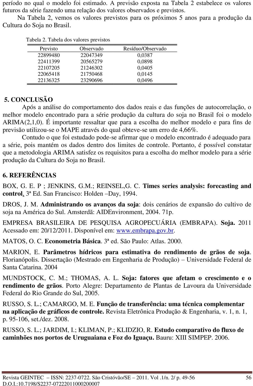 CONCLUSÃO Após a análise do comporameno dos dados reais e das funções de auocorrelação, o melhor modelo enconrado para a série produção da culura do soja no Brasil foi o modelo ARIMA(2,1,).