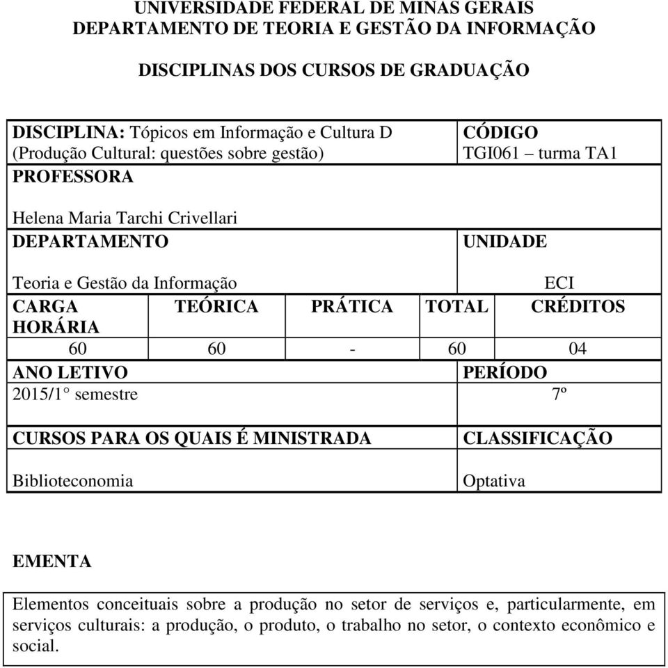 TEÓRICA PRÁTICA TOTAL CRÉDITOS HORÁRIA 60 60-60 04 ANO LETIVO PERÍODO 2015/1 semestre 7º CURSOS PARA OS QUAIS É MINISTRADA Biblioteconomia CLASSIFICAÇÃO Optativa EMENTA