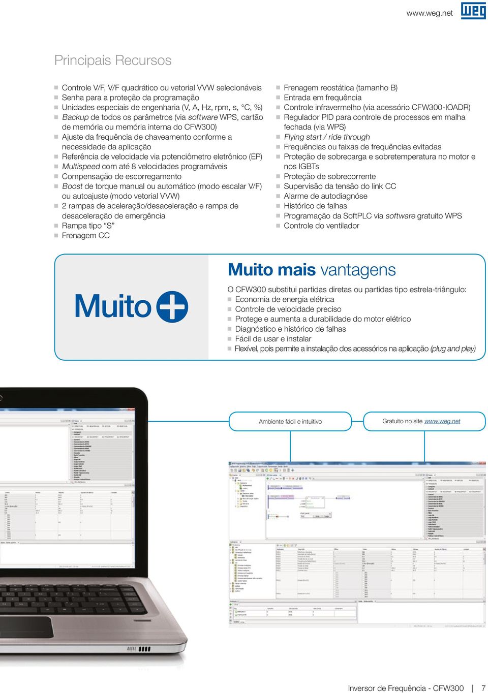 eletrônico (EP) Multispeed com até 8 velocidades programáveis Compensação de escorregamento J J Boost de torque manual ou automático (modo escalar V/F) ou autoajuste (modo vetorial VVW) J J 2 rampas