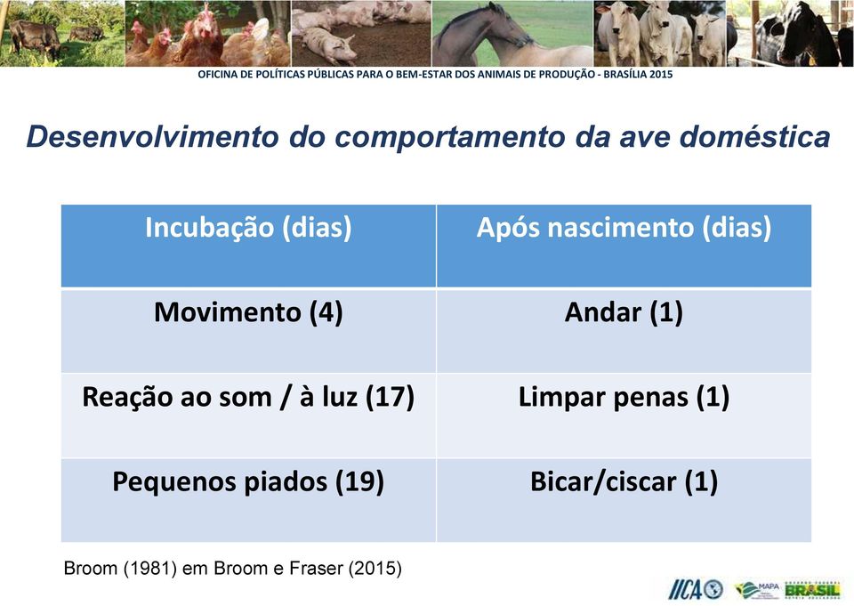 Andar (1) Reação ao som / à luz (17) Limpar penas (1)