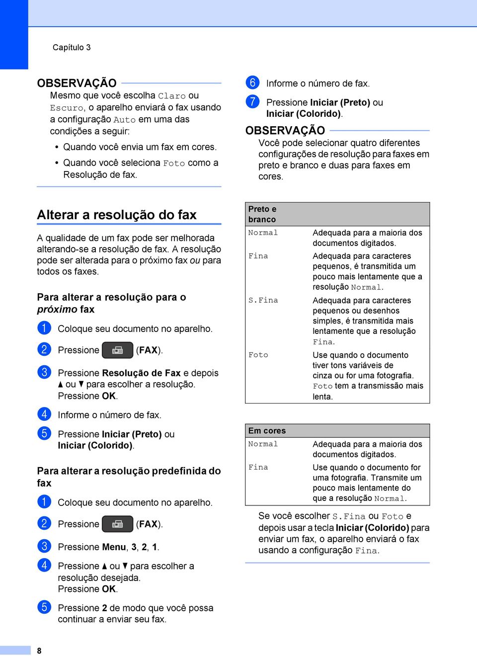 Você pode selecionar quatro diferentes configurações de resolução para faxes em preto e branco e duas para faxes em cores.