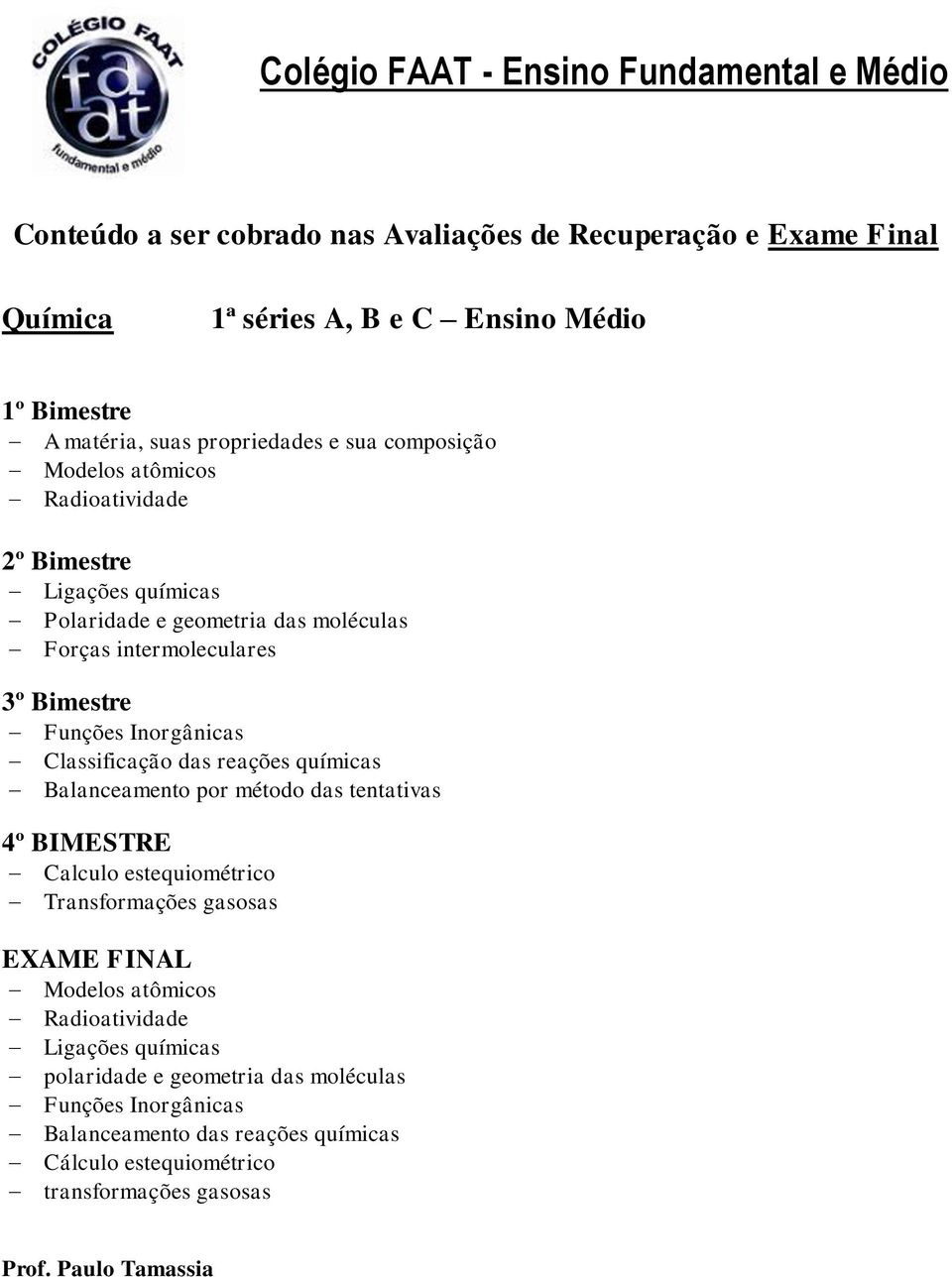 tentativas Calculo estequiométrico Transformações gasosas Modelos atômicos Radioatividade Ligações químicas polaridade e