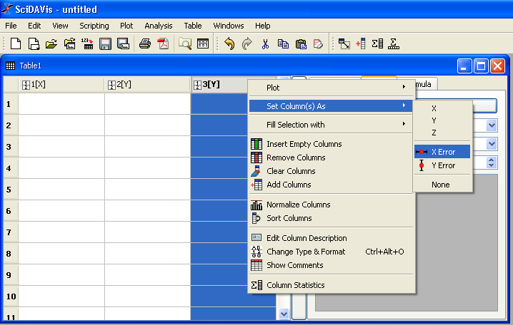 Figura 3. Como definir os valores de uma coluna como erros. Para gerar o gráfico selecione os dados e escolha a opção no menu: (plot > scatter).