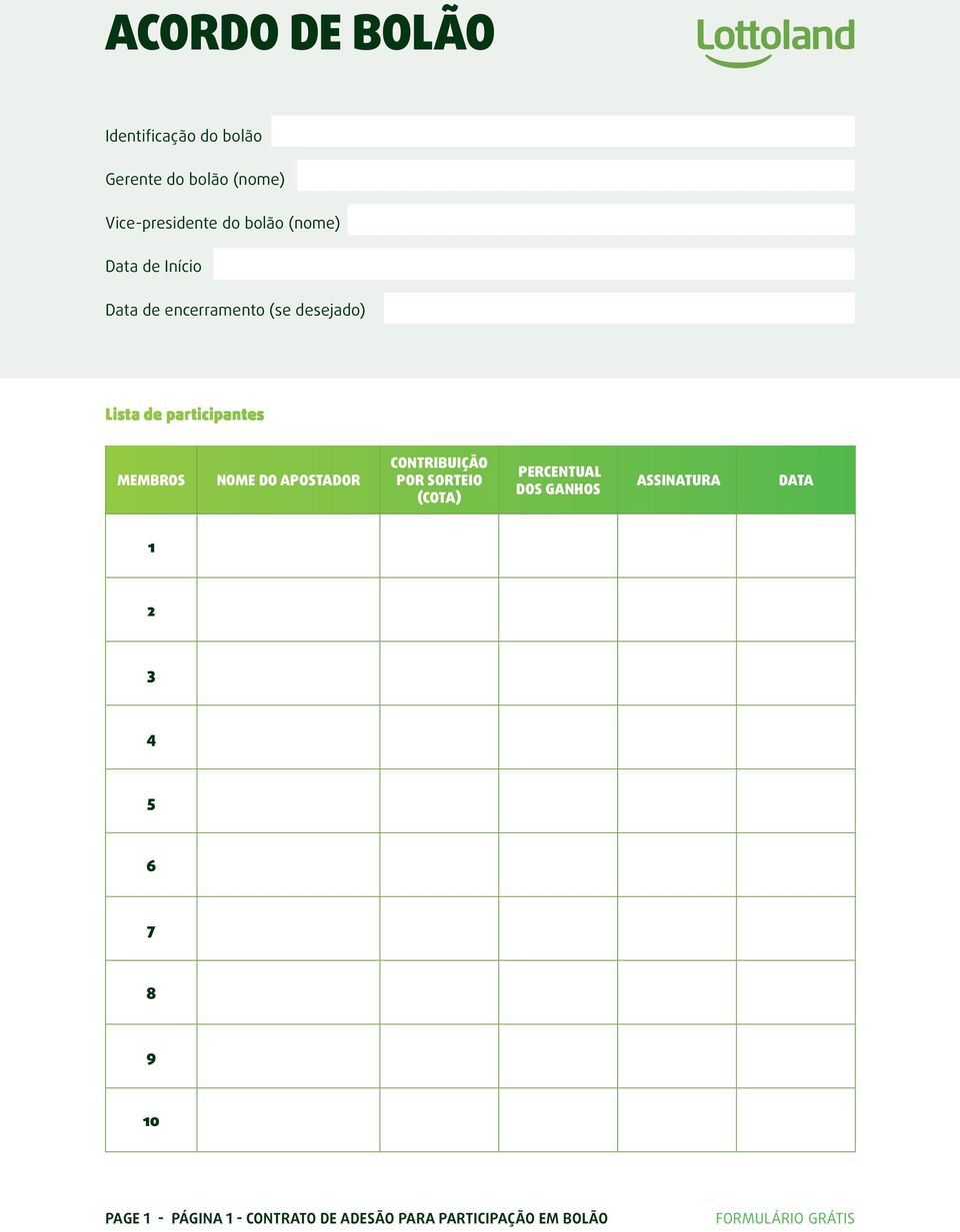 NOME DO APOSTADOR CONTRIBUIÇÃO POR SORTEIO (COTA) PERCENTUAL DOS GANHOS ASSINATURA DATA 1 2