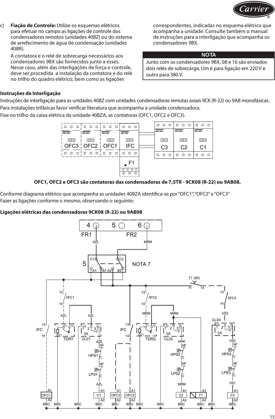 Nesse caso, além das interligações de força e controle, deve ser procedida a instalação da contatora e do relé no trilho do quadro elétrico, bem como as ligações correspondentes, indicadas no esquema