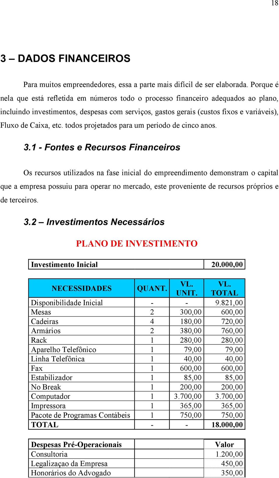 etc. todos projetados para um período de cinco anos. 3.