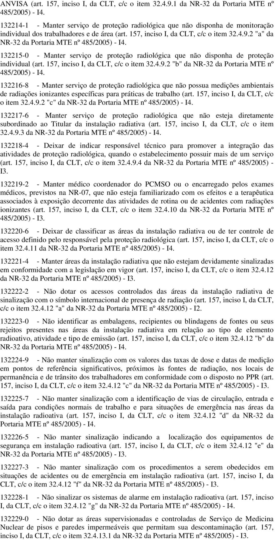 2 "a" da NR-32 da Portaria MTE nº 132215-0 - Manter serviço de proteção radiológica que não disponha de proteção individual (art. 157, inciso I, da CLT, c/c o item 32.4.9.