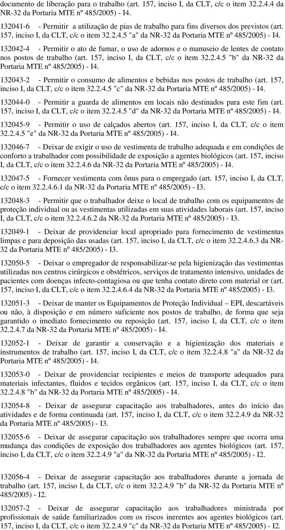 157, inciso I, da CLT, c/c o item 32.2.4.5 "b" da NR-32 da Portaria MTE nº 132043-2 - Permitir o consumo de alimentos e bebidas nos postos de trabalho (art. 157, inciso I, da CLT, c/c o item 32.2.4.5 "c" da NR-32 da Portaria MTE nº 132044-0 - Permitir a guarda de alimentos em locais não destinados para este fim (art.