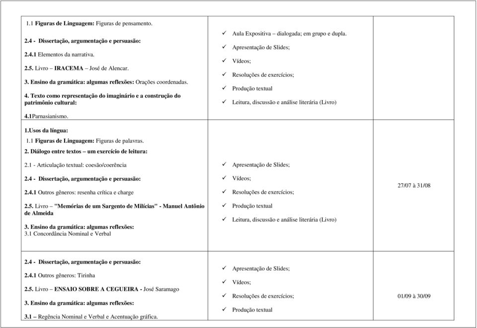 1 - Articulação textual: coesão/coerência 2.4.1 Outros gêneros: resenha crítica e charge 2.5. Livro "Memórias de um Sargento de Milícias" - Manuel Antônio de Almeida 3.