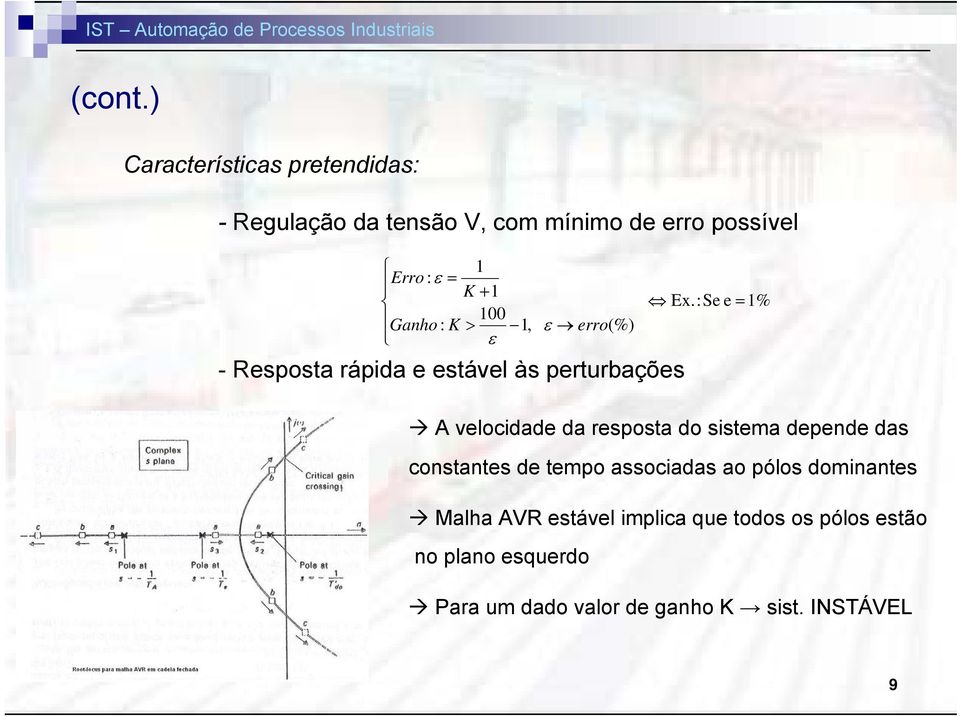 Ex.:Se e = 1% 100 Ganho : K > 1, ε erro(%) ε - Resposta rápida e estável às perturbações A velocidade