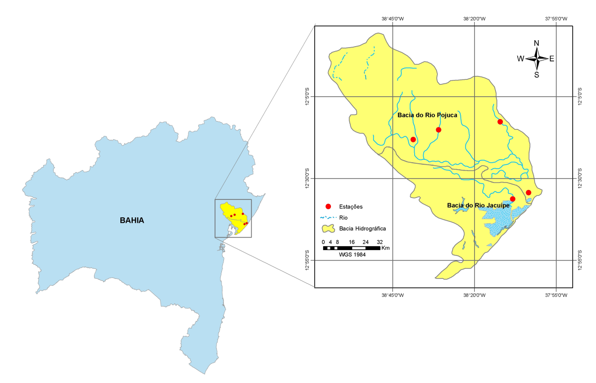 MATERIAIS E MÉTODOS Área de estudo As Bacias hidrográficas do rio Pojuca e Jacuípe estão localizadas na Sub-bacia 50 pertencente à rede hidrometeorológica da Superintendência Regional de Salvador