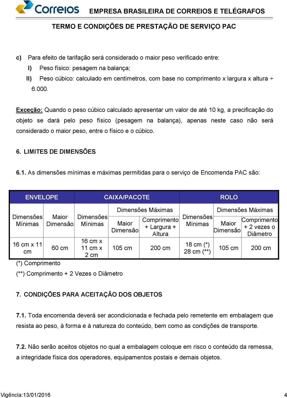 peso, entre o físico e o cúbico. 6. LIMITES DE DIMENSÕES 6.1.