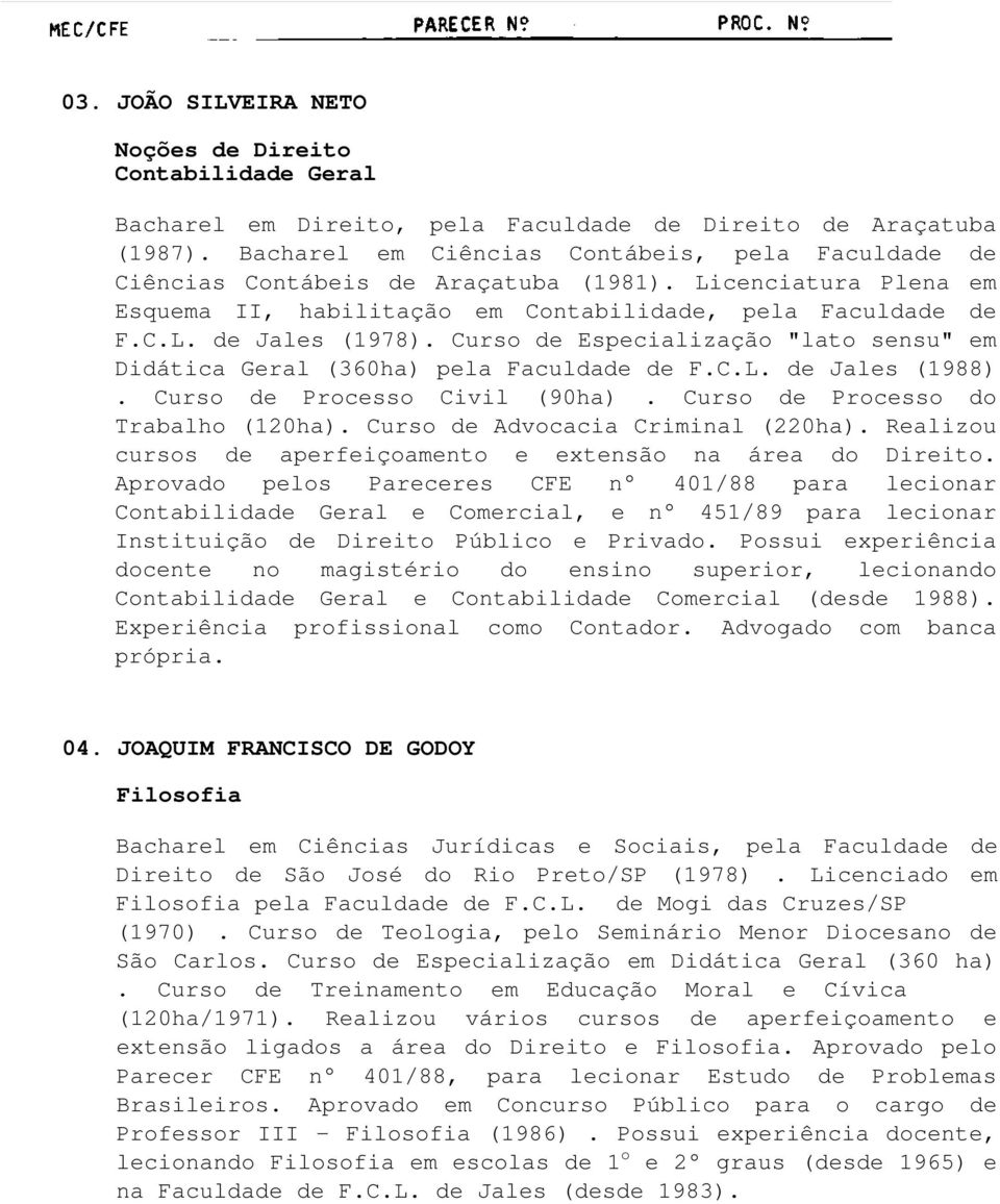 Curso de Especialização "lato sensu" em Didática Geral (360ha) pela Faculdade de F.C.L. de Jales (1988). Curso de Processo Civil (90ha). Curso de Processo do Trabalho (120ha).