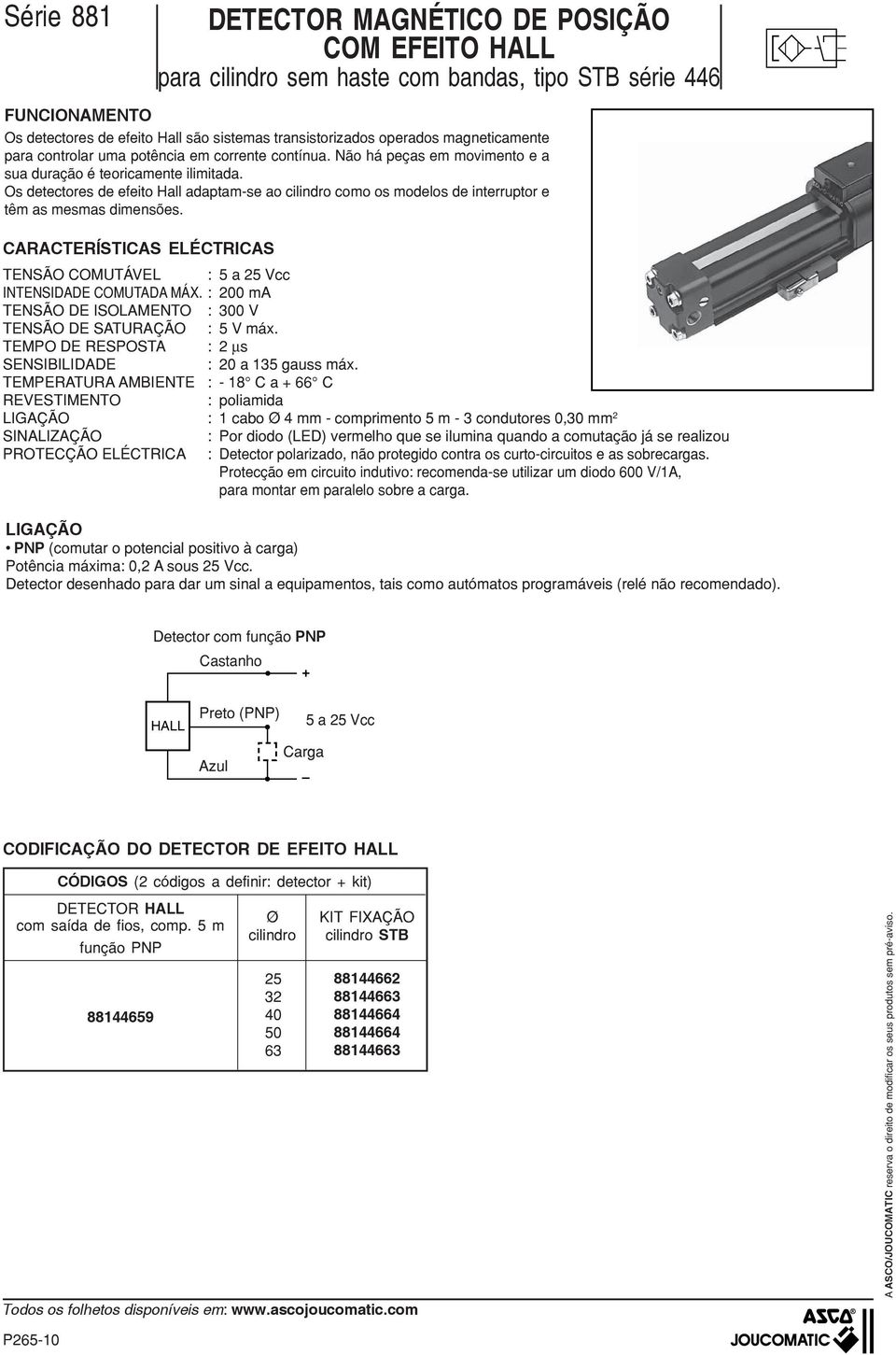 Os detectores de efeito Hall adaptam-se ao cilindro como os modelos de interruptor e têm as mesmas dimensões. CARACTERÍSTICAS EÉCTRICAS TENSÃO COMUTÁVE : a Vcc INTENSIDADE COMUTADA MÁX.