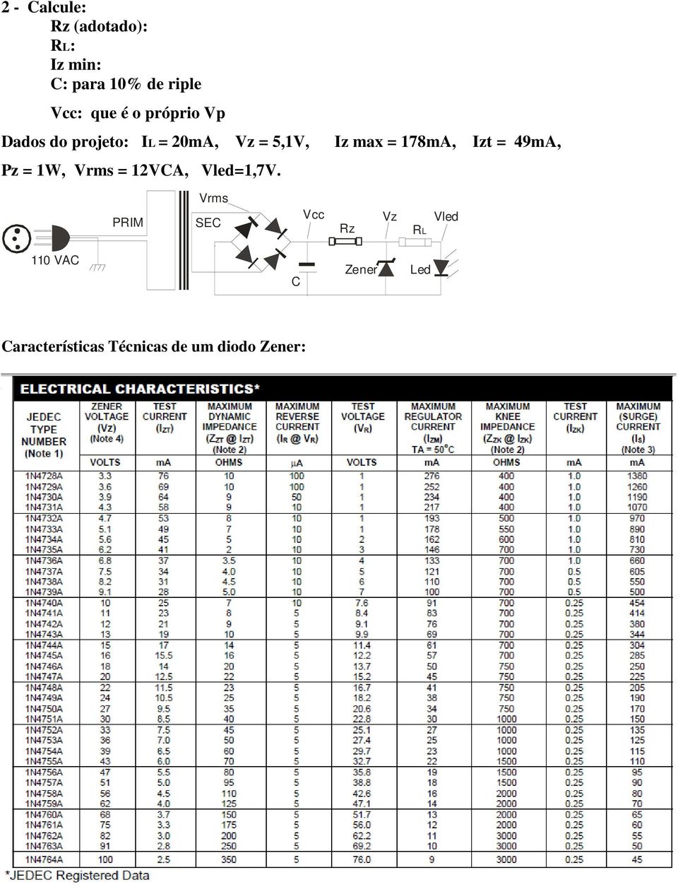 max = 178mA, Izt = 49mA, Pz = 1W, Vrms = 12VCA, Vled=1,7V.