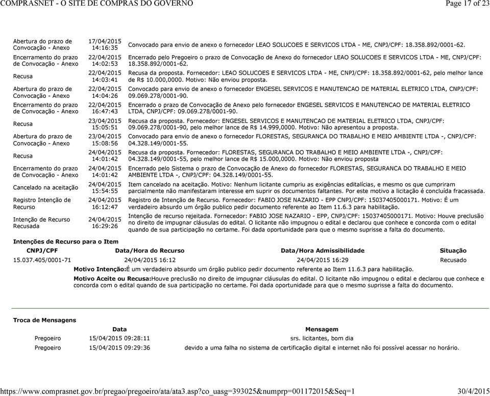 Encerrado pelo Pregoeiro o prazo de Convocação de Anexo do fornecedor LEAO SOLUCOES E SERVICOS LTDA - ME, CNPJ/CPF: 18.358.892/0001-62. da proposta.