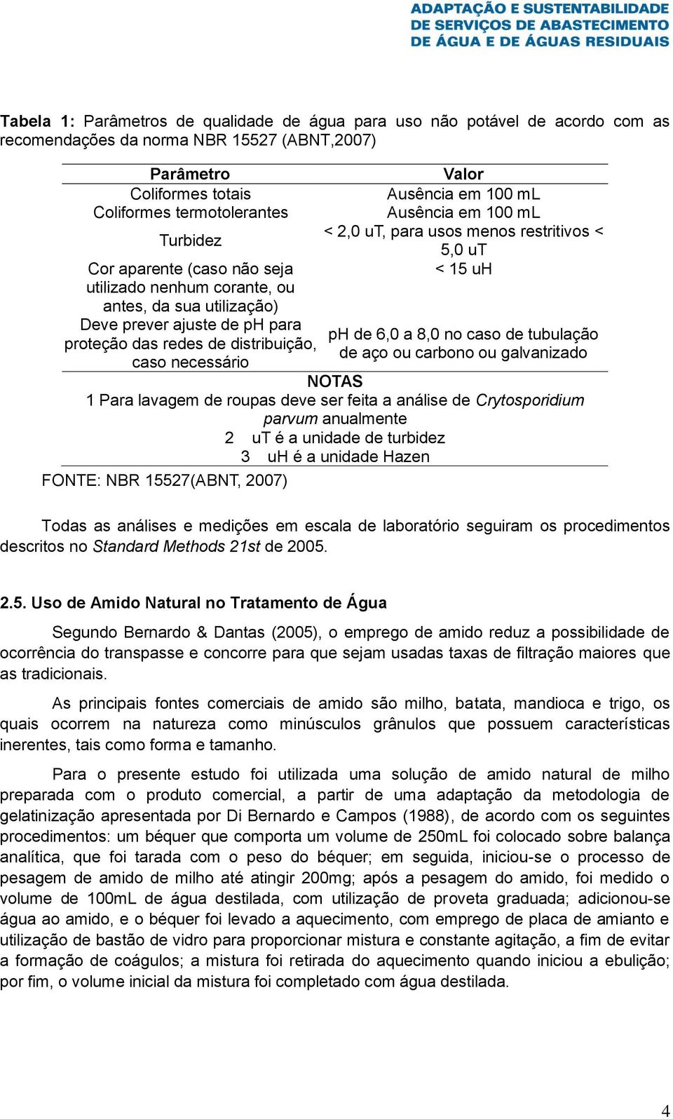 100 ml < 2,0 ut, para usos menos restritivos < 5,0 ut < 15 uh ph de 6,0 a 8,0 no caso de tubulação de aço ou carbono ou galvanizado NOTAS 1 Para lavagem de roupas deve ser feita a análise de