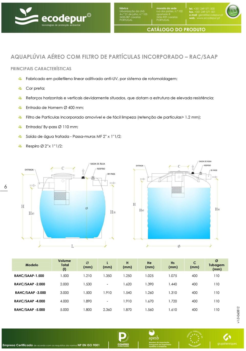 partículas> 1.2 mm); Entrada/ By-pass Ø 110 mm; Saída de água tratada - Passa-muros MF 2'' x 1''1/2; Respiro Ø 2 x 1 1/2; 6 Modelo Volume Total (l) L H He Hs C Ø Tubagem RAHC/SAAP-1.500 1.500 1.210 1.