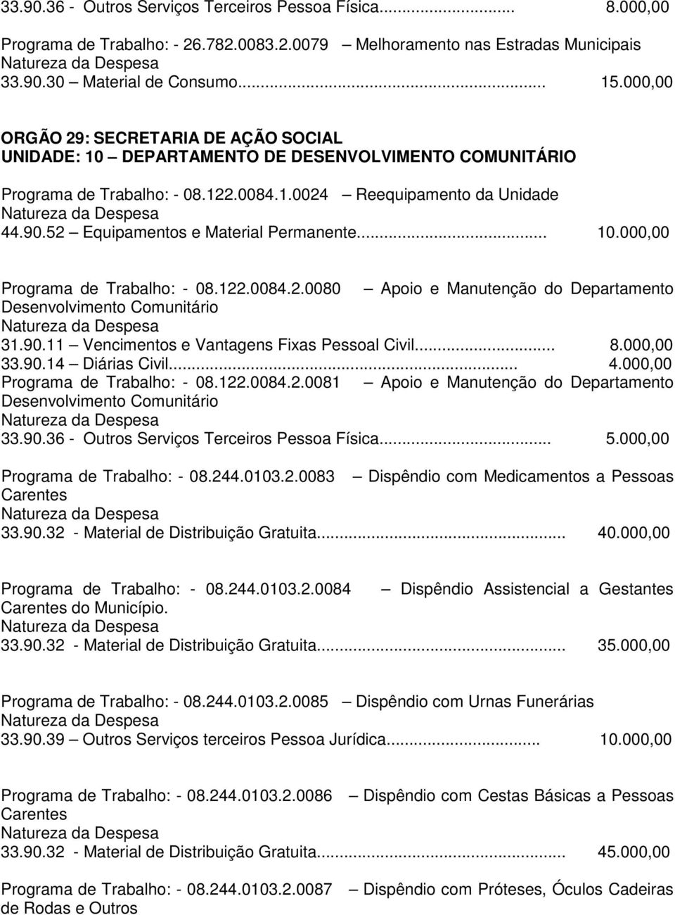 52 Equipamentos e Material Permanente... 10.000,00 Programa de Trabalho: - 08.122.0084.2.0080 Apoio e Manutenção do Departamento Desenvolvimento Comunitário 31.90.