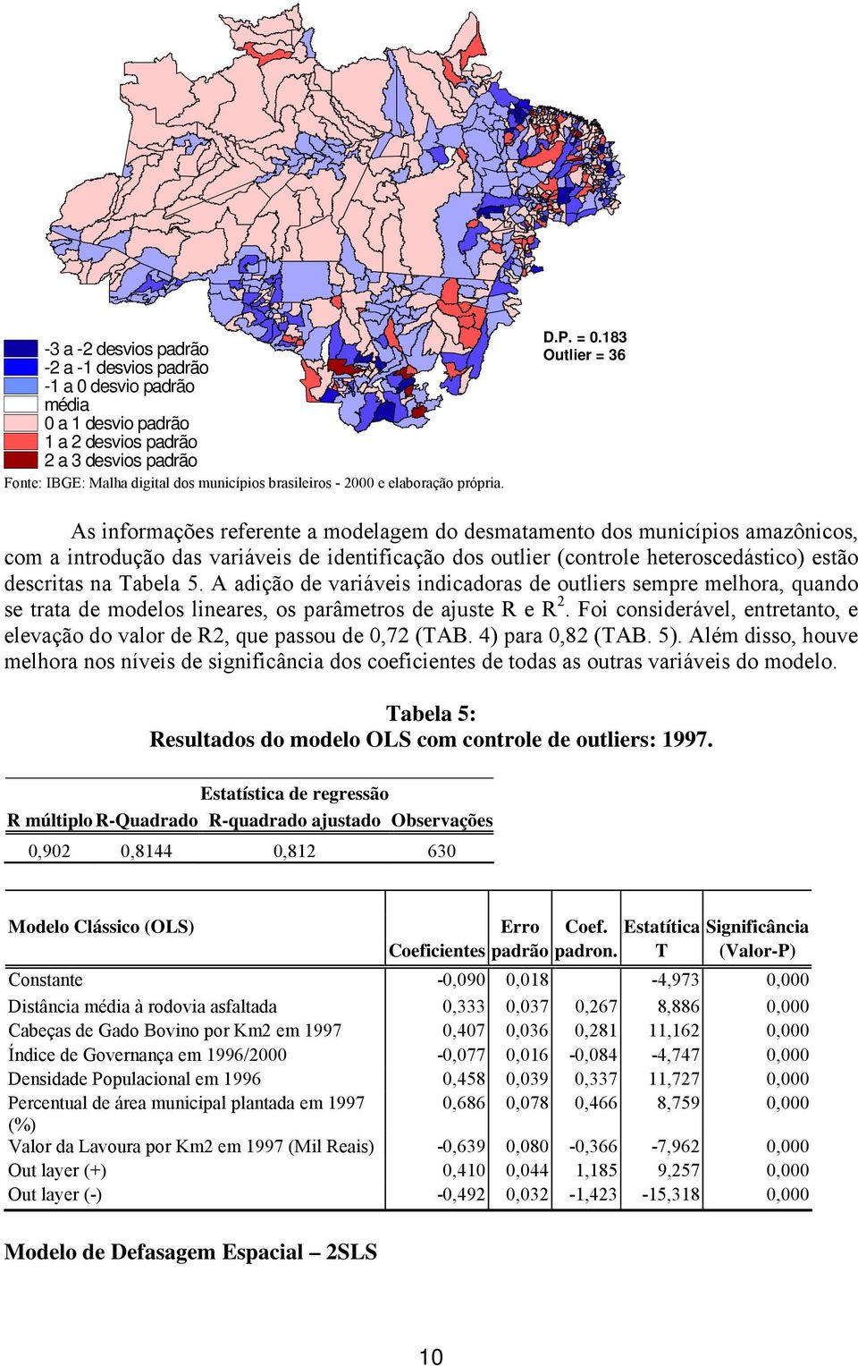 183 Outlier = 36 As informações referente a modelagem do desmatamento dos municípios amazônicos, com a introdução das variáveis de identificação dos outlier (controle heteroscedástico) estão
