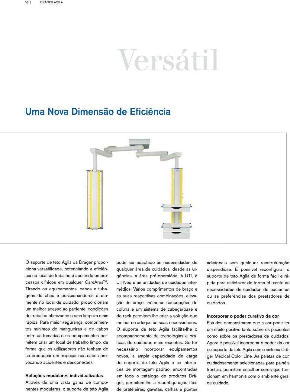 Tirando os equipamentos, cabos e tubagens do chão e posicionando-os diretamente no local de cuidado, proporcionam um melhor acesso ao paciente, condições de trabalho otimizadas e uma limpeza mais