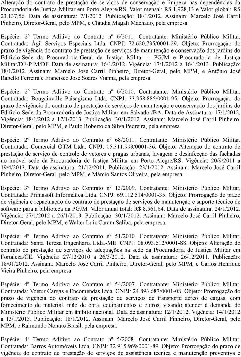 Contratante: Ministério Público Militar. Contratada: Ágil Serviços Especiais Ltda. CNPJ: 72.620.735/0001-29.