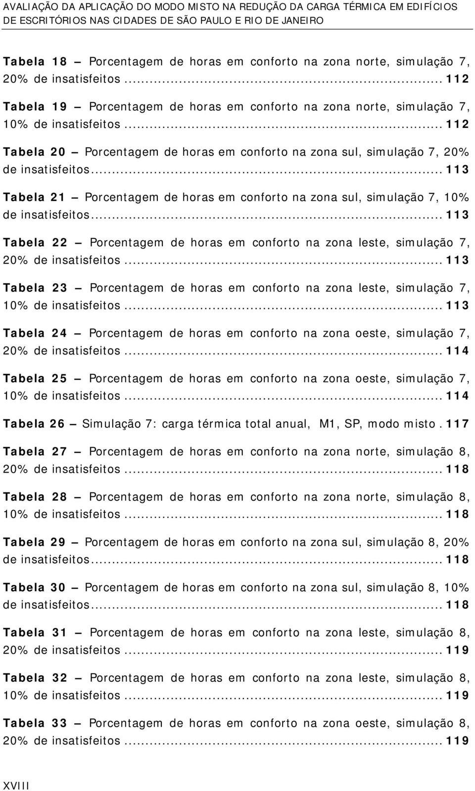 .. 113 Tabela 22 Porcentagem de horas em conforto na zona leste, simulação 7, 20% de insatisfeitos... 113 Tabela 23 Porcentagem de horas em conforto na zona leste, simulação 7, 10% de insatisfeitos.