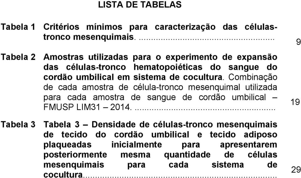 Combinação de cada amostra de célula-tronco mesenquimal utilizada para cada amostra de sangue de cordão umbilical FMUSP LIM31 2014.