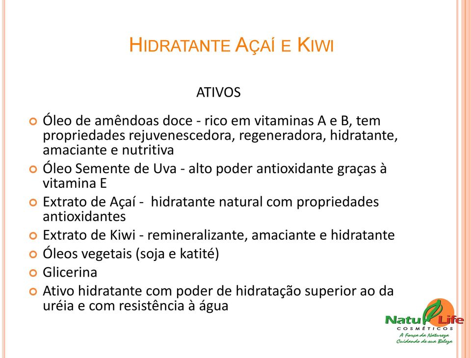 Extrato de Açaí - hidratante natural com propriedades antioxidantes Extrato de Kiwi - remineralizante, amaciante e