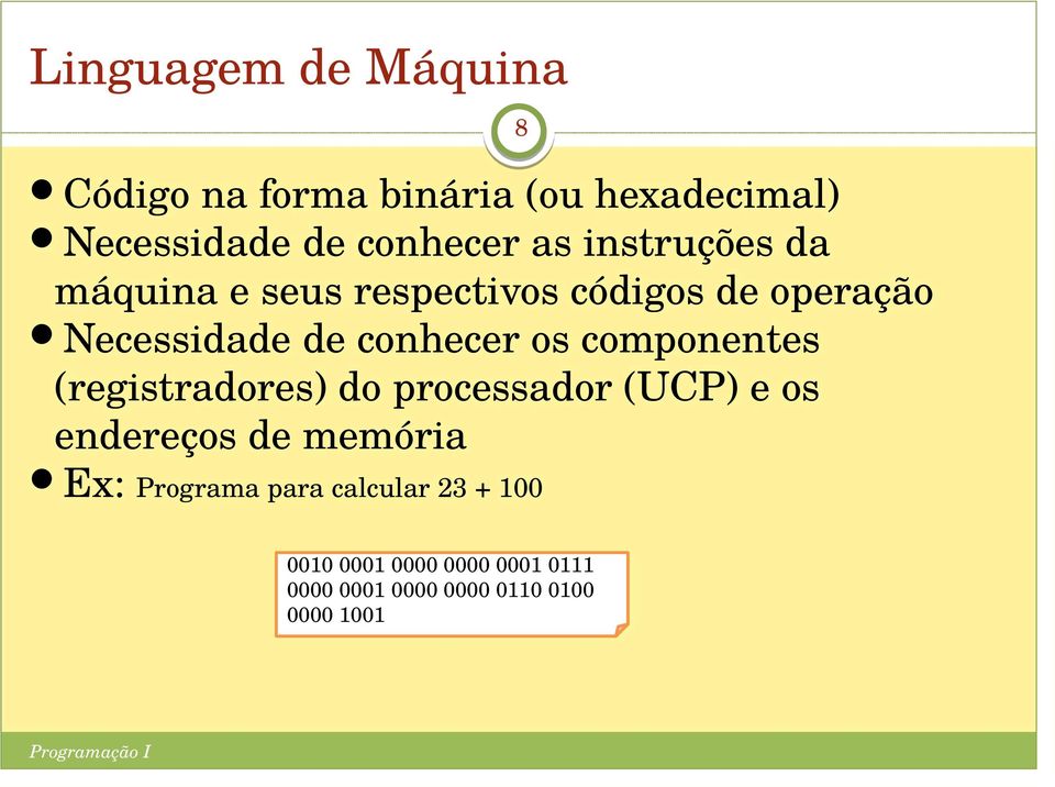 componentes (registradores) do processador (UCP) e os endereços de memória Ex: Programa