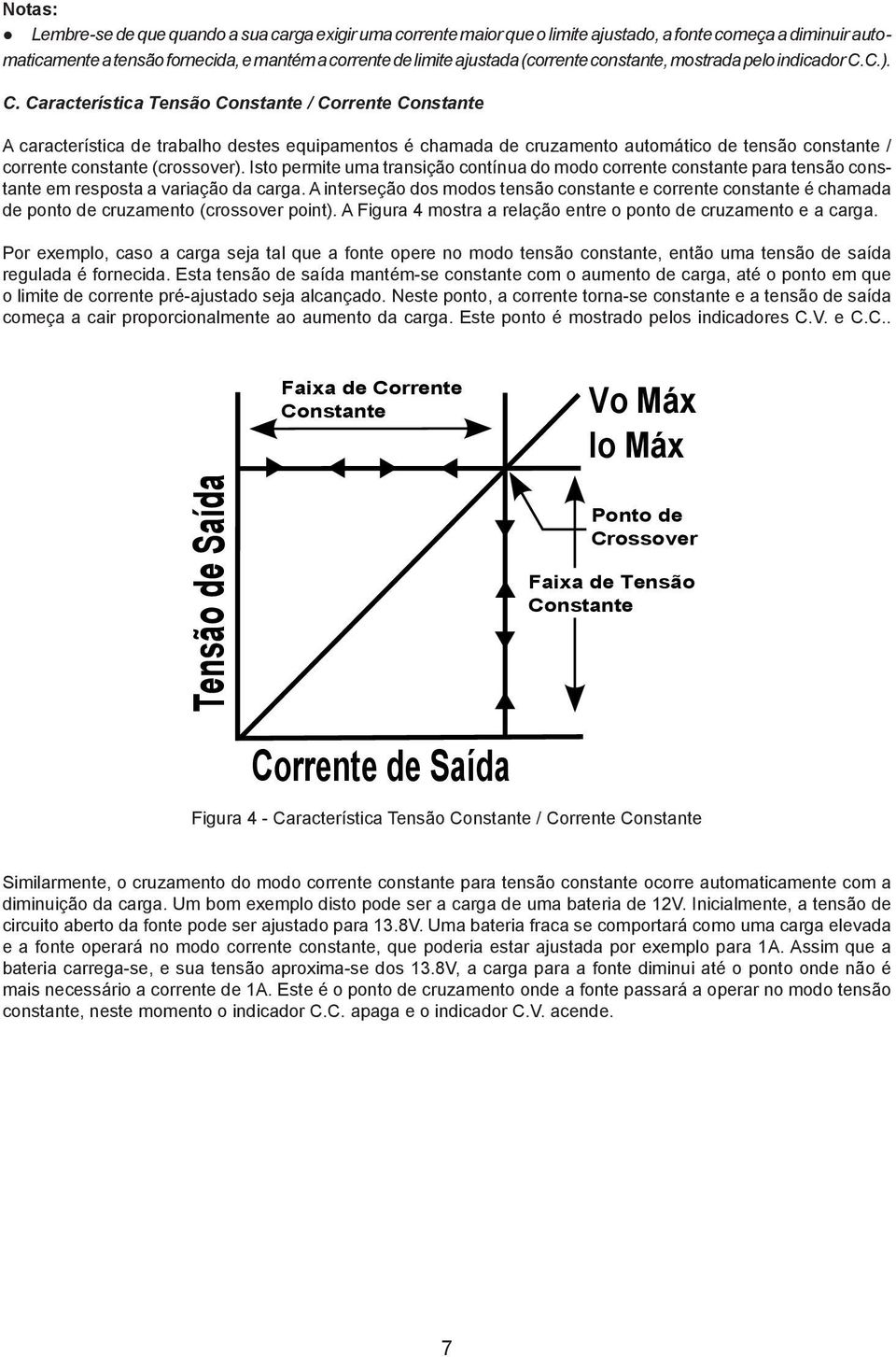 C.). C. Característica Tensão Constante / Corrente Constante A característica de trabalho destes equipamentos é chamada de cruzamento automático de tensão constante / corrente constante (crossover).