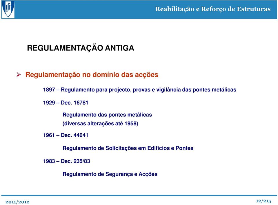 16781 Regulamento das pontes metálicas (diversas alterações até 1958) 1961 Dec.
