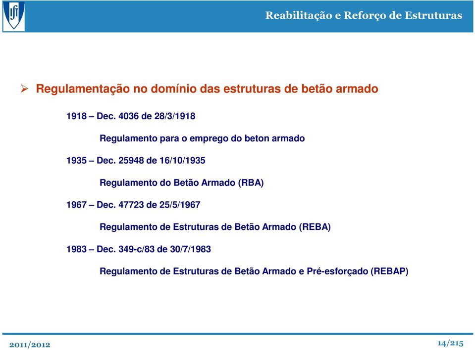 25948 de 16/10/1935 Regulamento do Betão Armado (RBA) 1967 Dec.