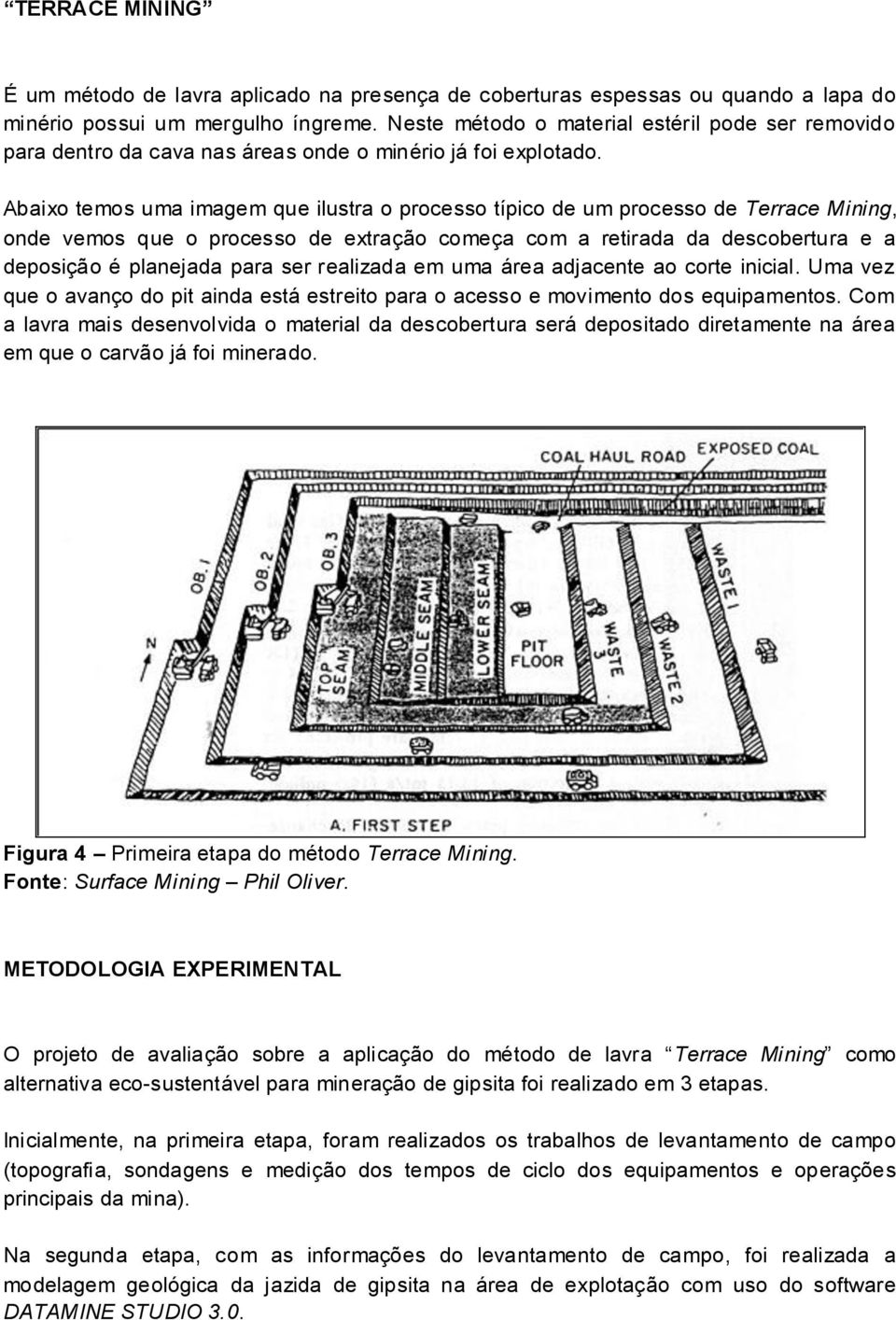 Abaixo temos uma imagem que ilustra o processo típico de um processo de Terrace Mining, onde vemos que o processo de extração começa com a retirada da descobertura e a deposição é planejada para ser