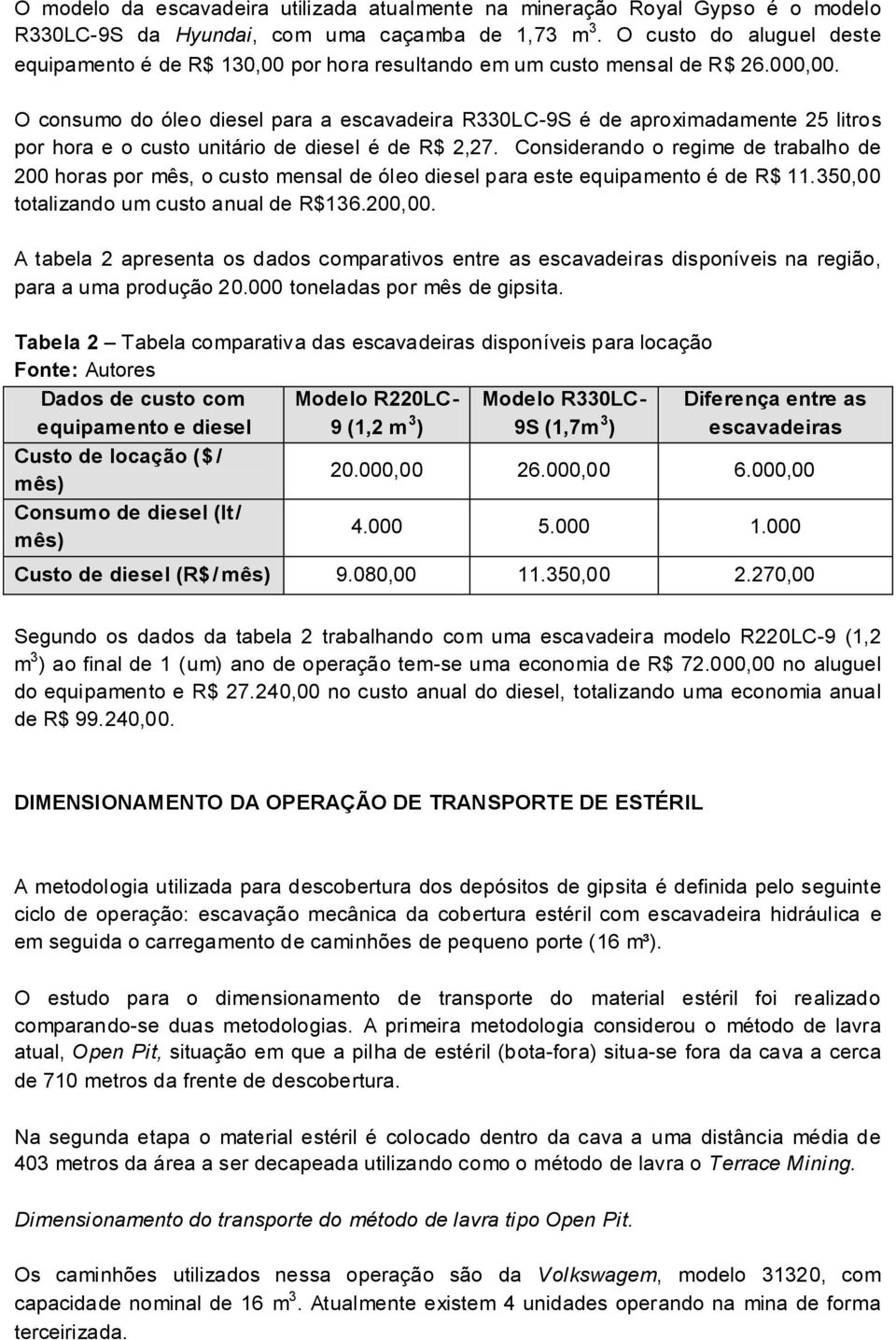 O consumo do óleo diesel para a escavadeira R330LC-9S é de aproximadamente 25 litros por hora e o custo unitário de diesel é de R$ 2,27.