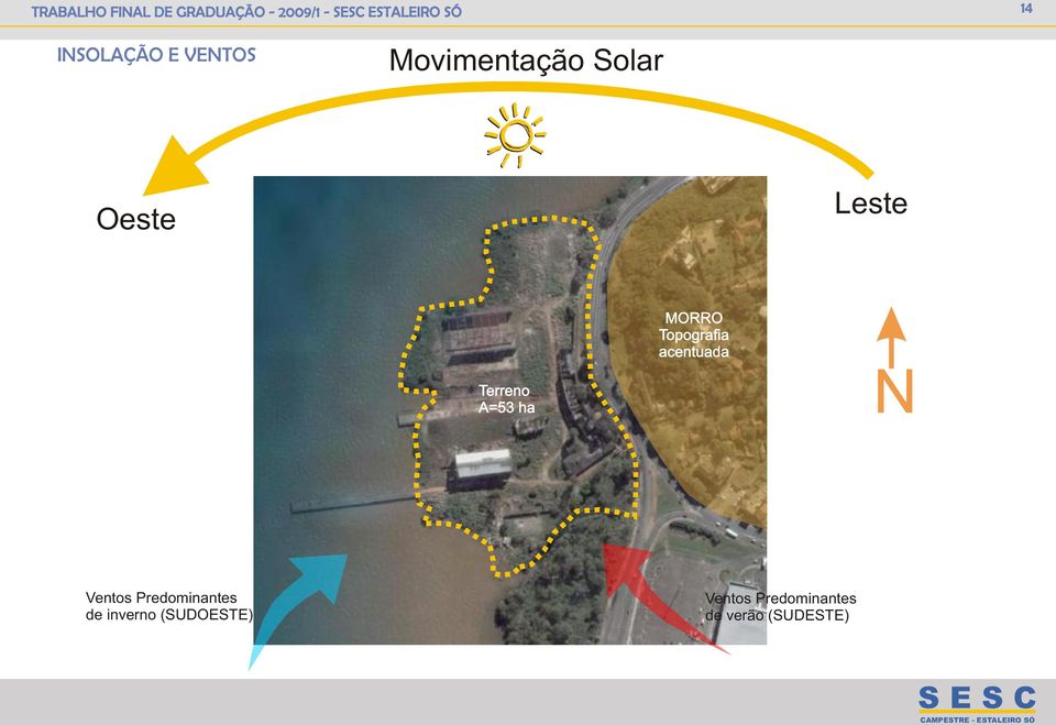 acentuada N Terreno A=53 ha Ventos Predominantes de inverno