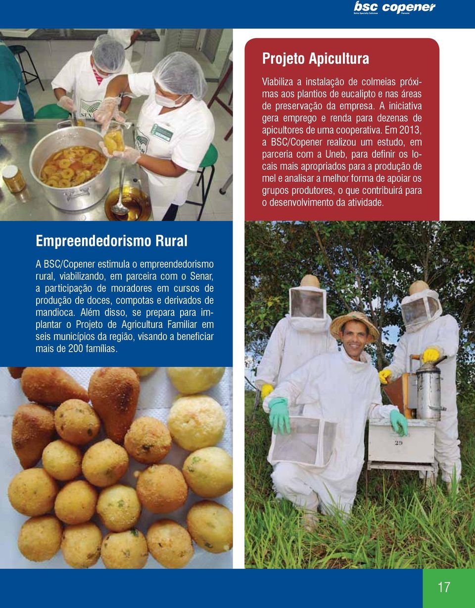 Em 2013, a BSC/Copener realizou um estudo, em parceria com a Uneb, para definir os locais mais apropriados para a produção de mel e analisar a melhor forma de apoiar os grupos produtores, o que