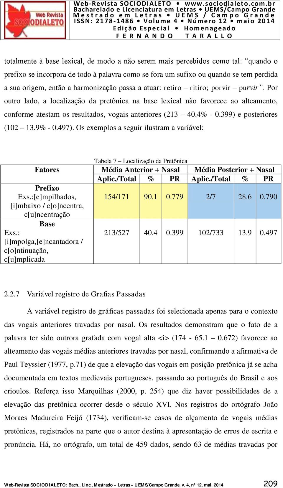 Por outro lado, a localização da pretônica na base lexical não favorece ao alteamento, conforme atestam os resultados, vogais anteriores (213 40.4% - 0.399) e posteriores (102 13.9% - 0.497).