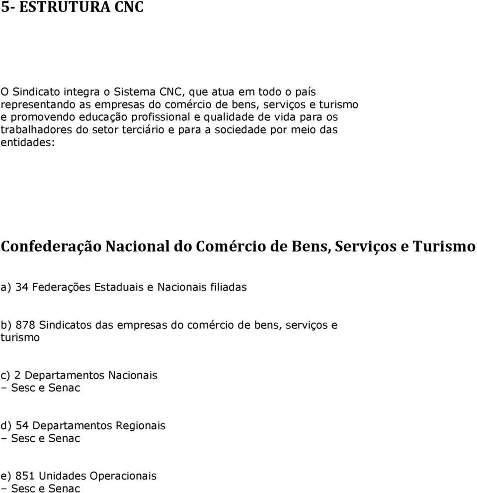 Confederação Nacional do Comércio de Bens, Serviços e Turismo a) 34 Federações Estaduais e Nacionais filiadas b) 878 Sindicatos das empresas do